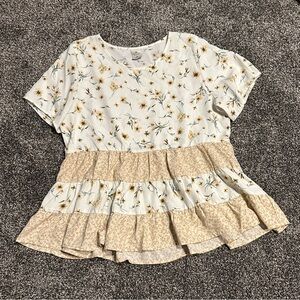 Paper Crane Women’s Floral White Yellow Ruffle Short Sleeve Summer Blouse Top M